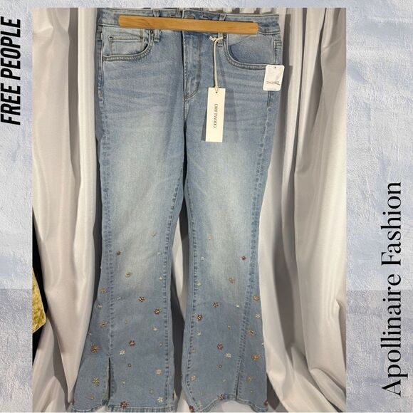 FREE PEOPLE BY DRIFTWOOD FARRAH FLARE TWEEEDLE DUM SLIT JEANS NWT - Picture 11 of 11